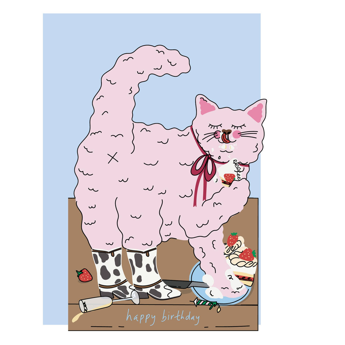 Die-cut birthday card: pink cat cake design with “happy birthday” text.