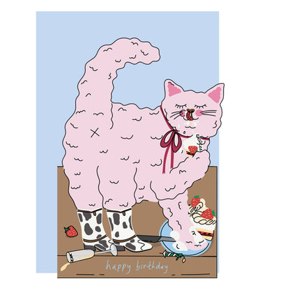 Die-cut birthday card: pink cat cake design with “happy birthday” text.
