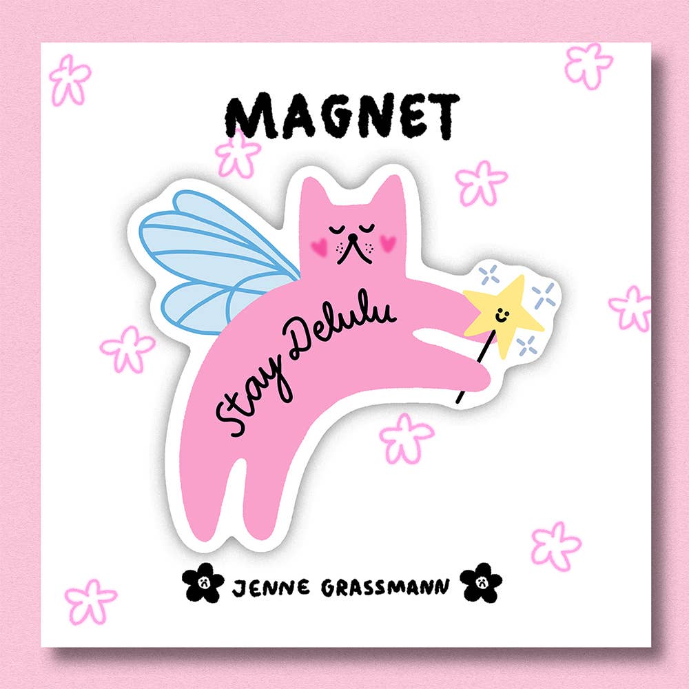 Pink cat-shaped magnet on card backing, with blue wings and star