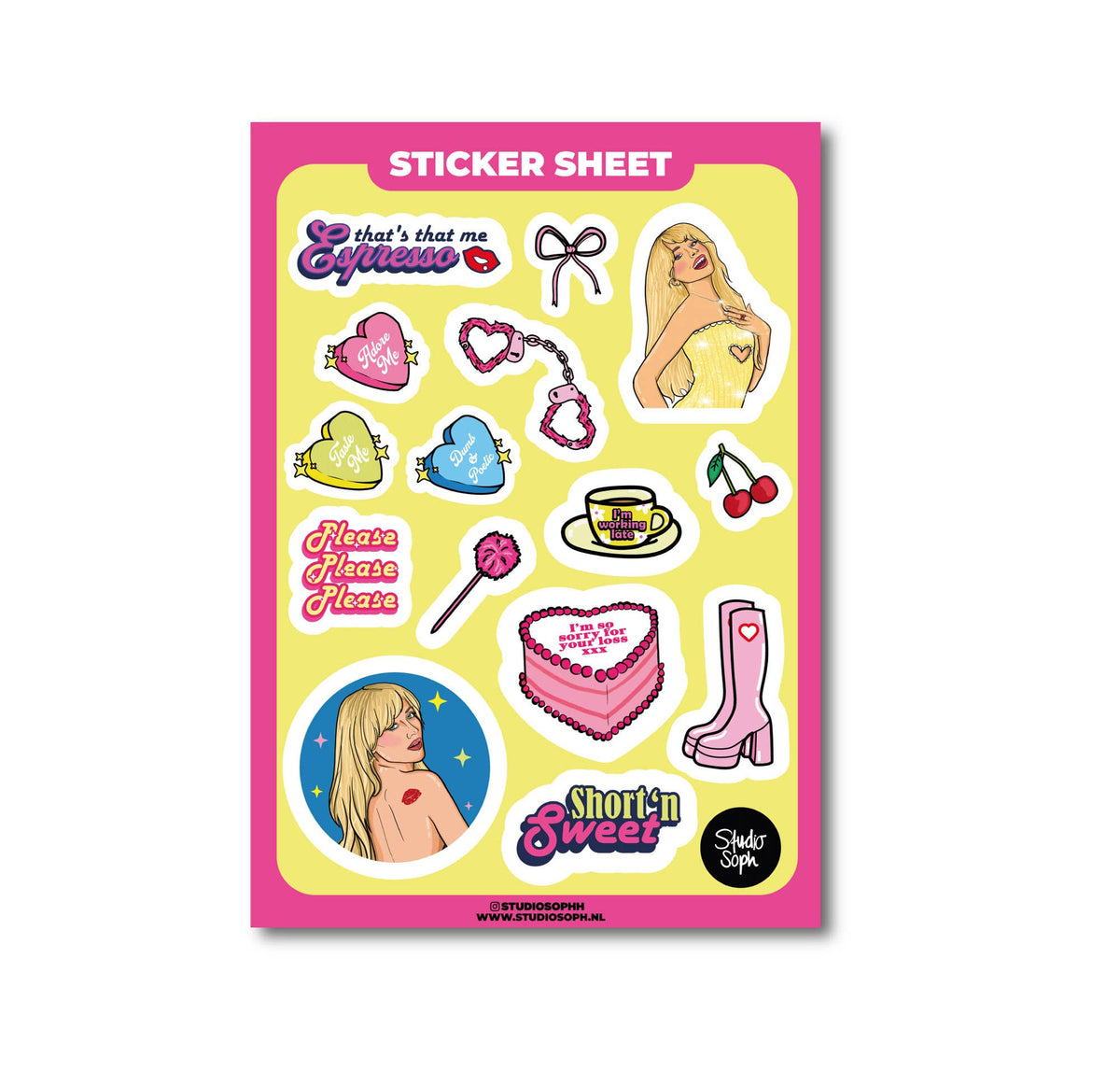 A5 sticker sheet featuring cute fashion icons, including cherries, cake, boots, bows, and signs