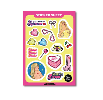 A5 sticker sheet featuring cute fashion icons, including cherries, cake, boots, bows, and signs