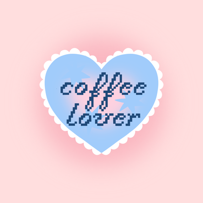 Heart-shaped Coffee lover sticker, light blue with dark pixel-style text