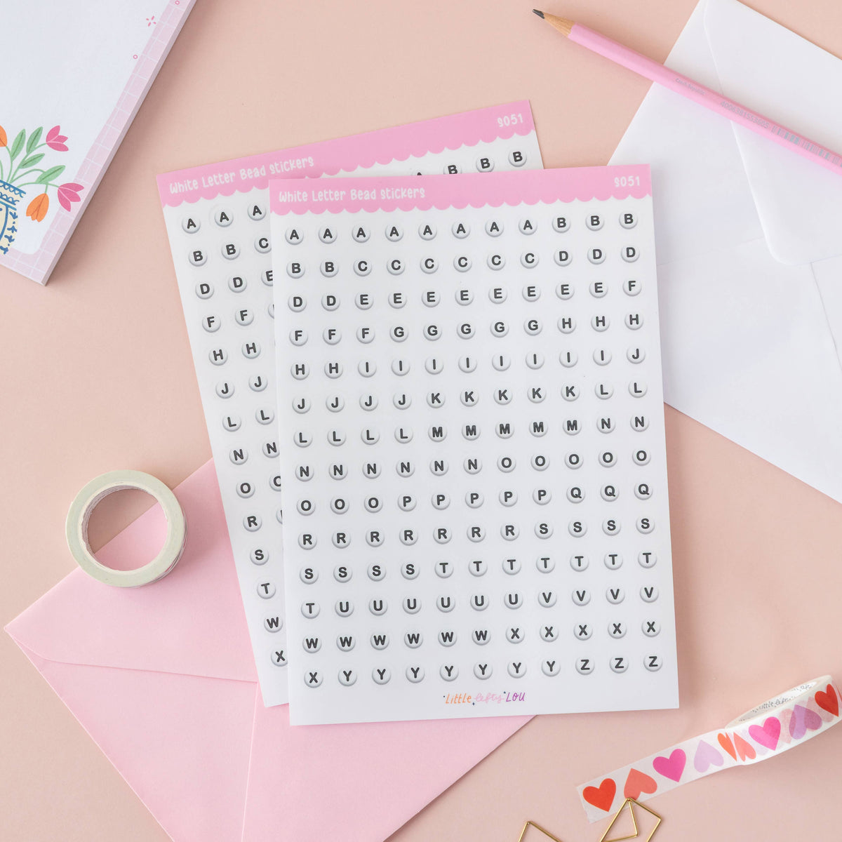 White letter bead sticker sheet with A–Z letters on A5, waterproof