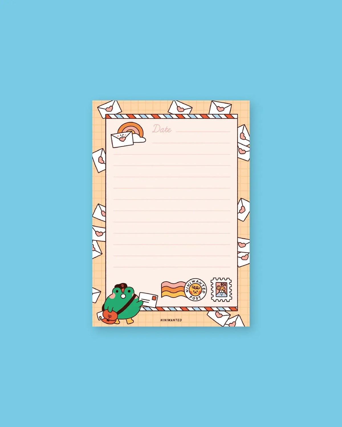 Frog postman notepad, lined pages, decorated border with frog carrying mail