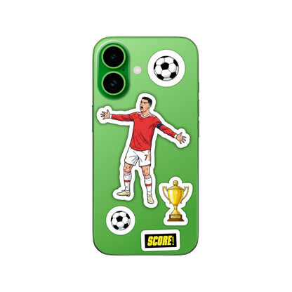 Green phone case with soccer player, trophy, and soccer ball sticker graphics