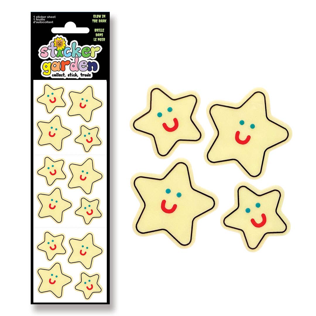 Glow-in-the-dark star sticker sheet with 8 smiling yellow stars, blue dots and red mouths