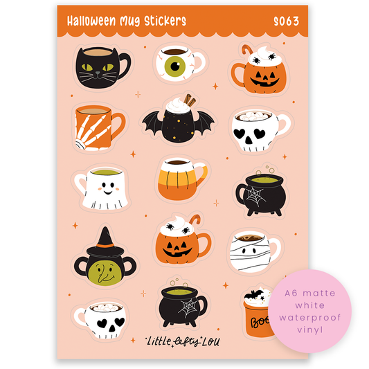 A6 Halloween mug sticker sheet with cartoon cups; matte white waterproof vinyl.