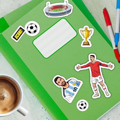 Soccer sticker set with blank label, trophy, scorer sign, player cutouts, and soccer balls