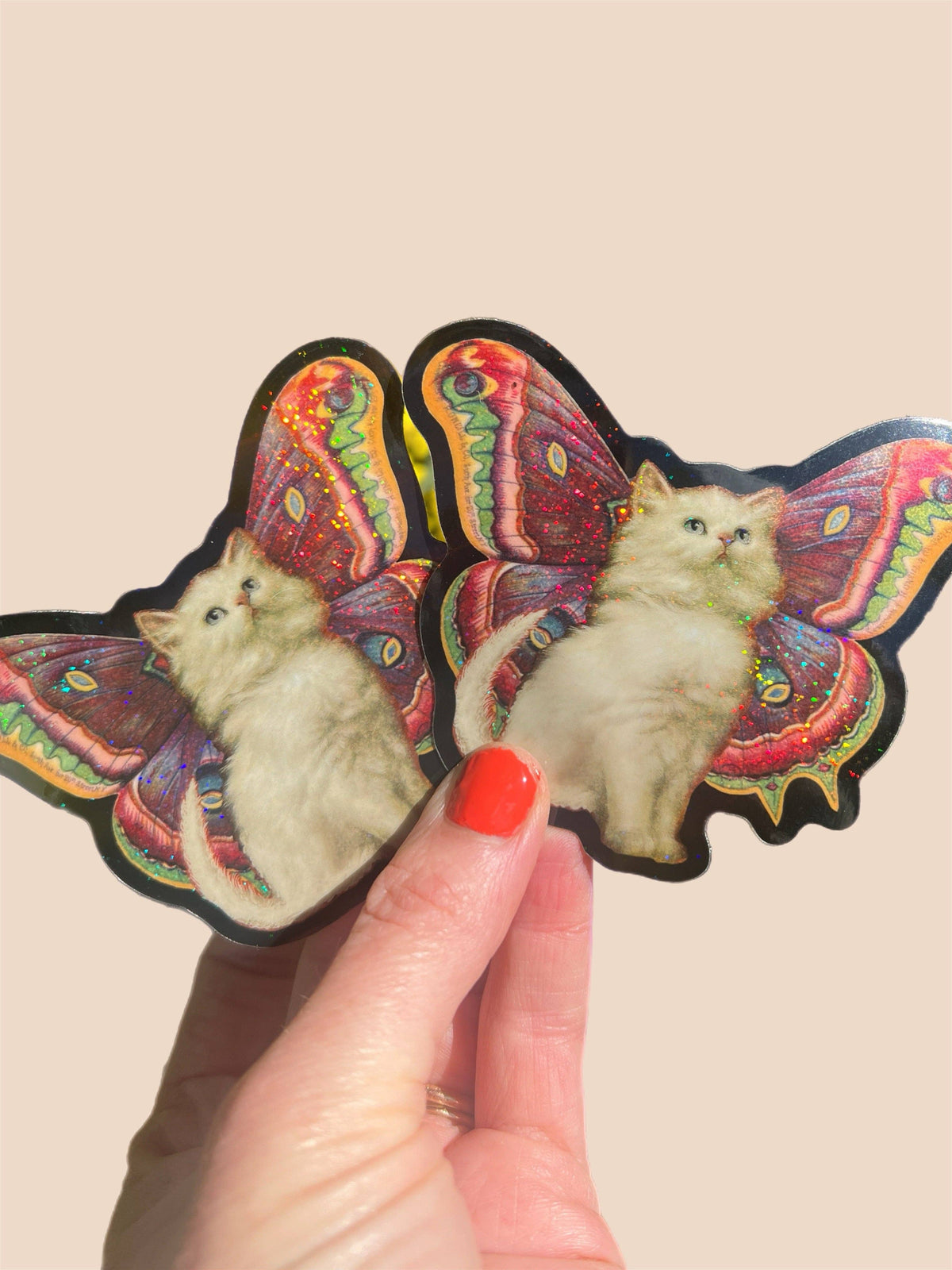 3-inch cat butterfly glitter stickers showing two kittens with colorful iridescent wings