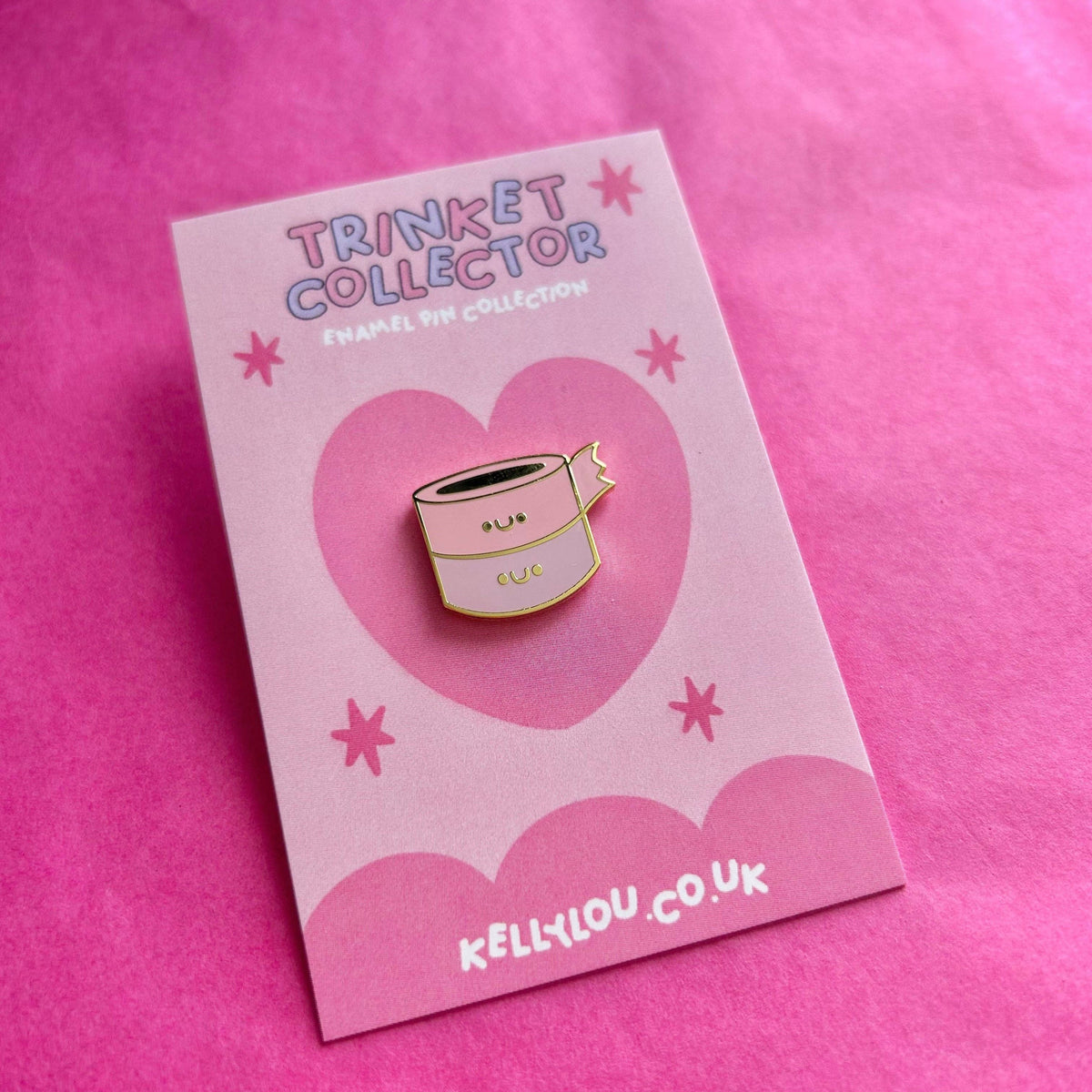 Mini enamel pin card featuring teacup mug enamel with gold trim and pale pink body