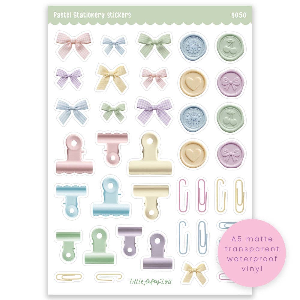 Pastel sticker sheet with ribbon bows, hearts, and clip or tag icons