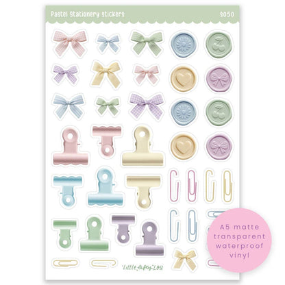 Pastel sticker sheet with ribbon bows, hearts, and clip or tag icons
