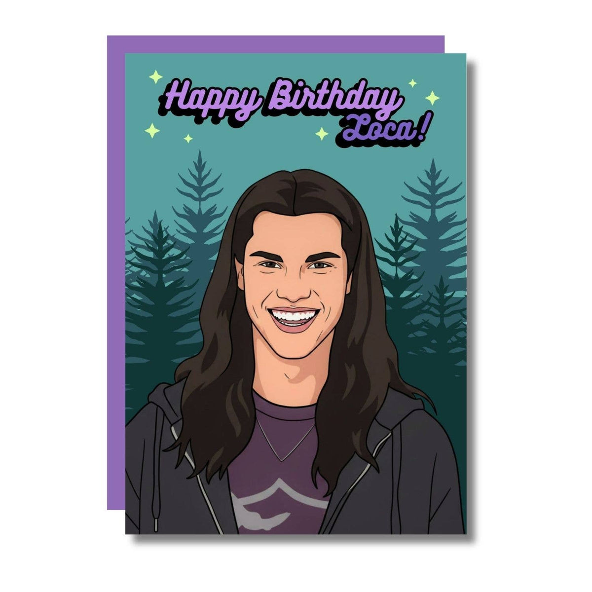 Teal birthday card with smiling vampire portrait, pine trees, and 'Happy Birthday Loca!'