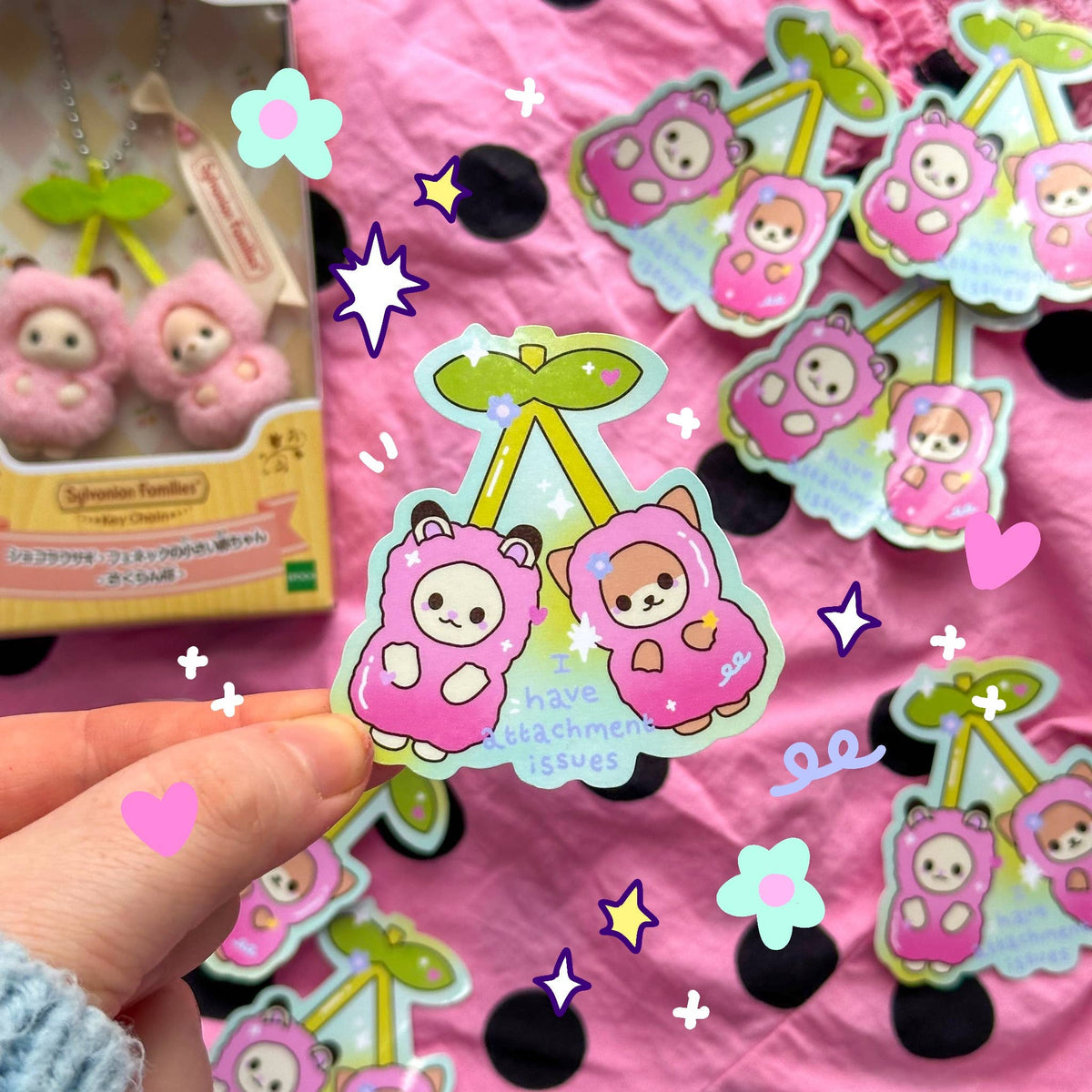 Pink cartoon sticker with two small bears, stars and hearts, round shape