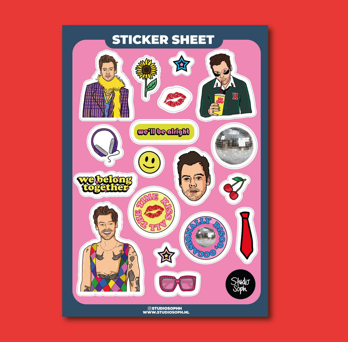 A5 sticker sheet featuring music-themed character stickers: faces, cherries, and disco icons.