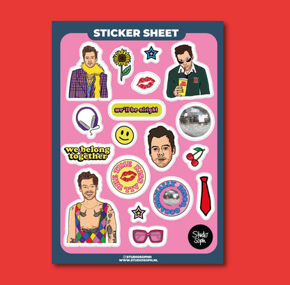 A5 sticker sheet featuring music-themed character stickers: faces, cherries, and disco icons.