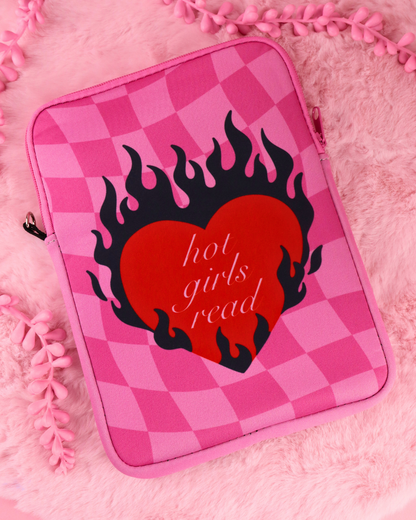 Pink checkered e-reader sleeve with zip and black flame-heart graphic