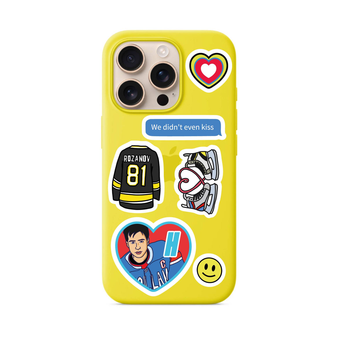 Yellow phone case with hockey and heart stickers, jerseys, player logo, and kiss quote