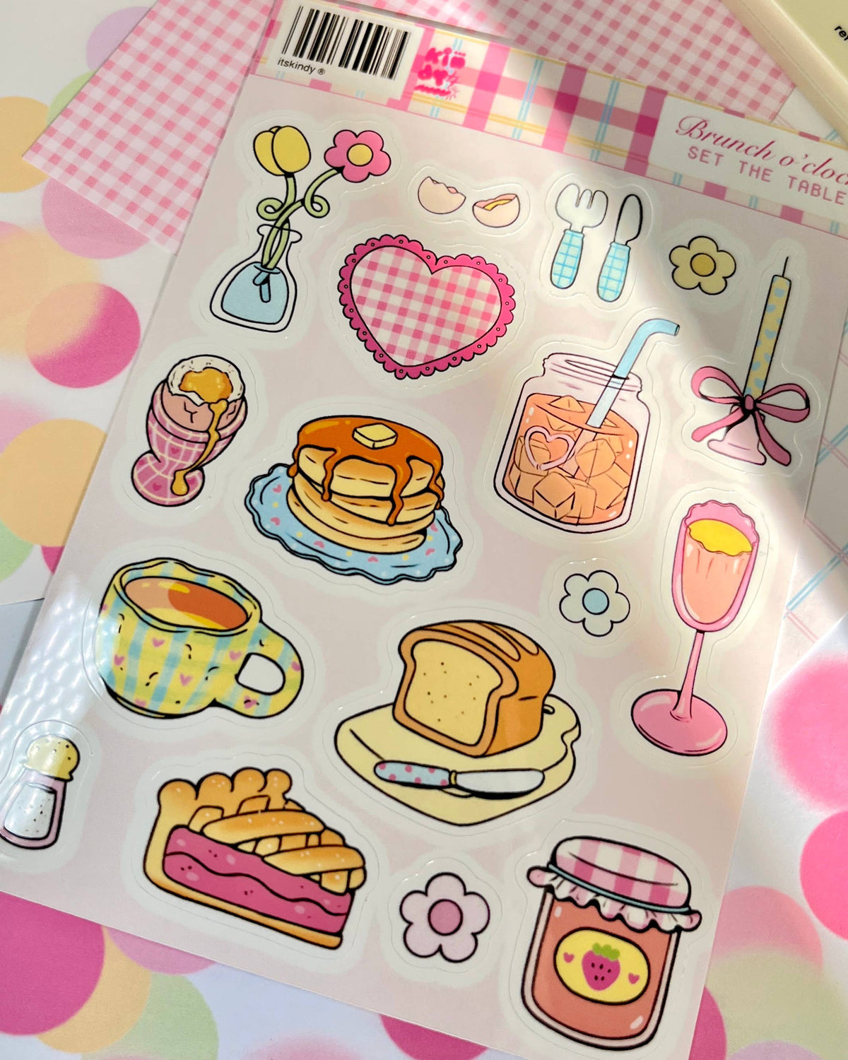 Brunch o'clock sticker sheet with breakfast items like toast, pancakes, sandwiches, and drinks.