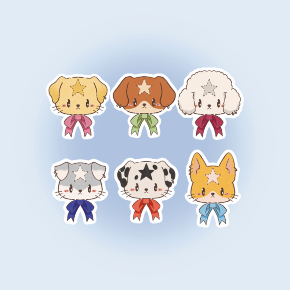 Set of six cartoon dog stickers with star markings and ribbon bows, die-cut outlines