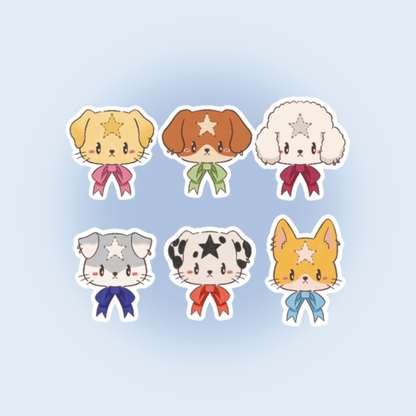 Set of six cartoon dog stickers with star markings and ribbon bows, die-cut outlines