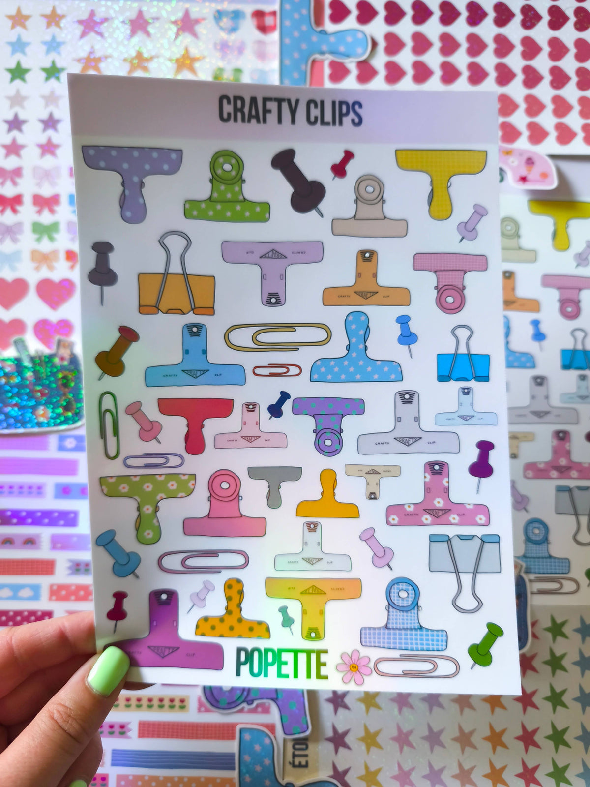 Handheld Crafty Clips A5 sticker sheet of colorful craft tool and shirt shapes, POPETTE