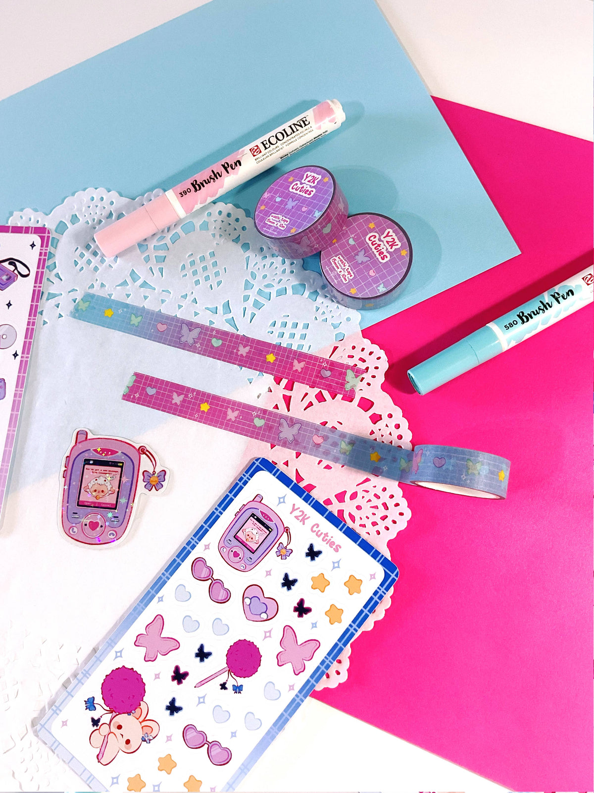 Y2K cuties washi tape rolls with pastel patterned tape, pink and blue accents