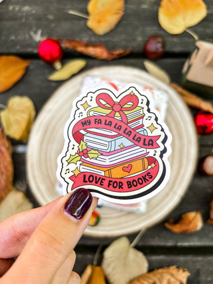 Christmas book-themed vinyl sticker with pink ribbon "Love for Books" design