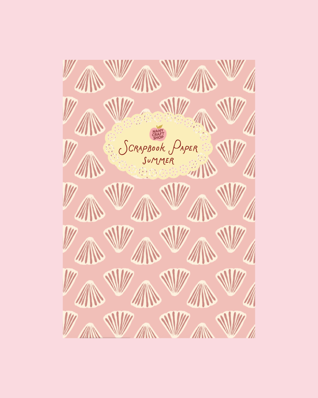 Scrapbook paper sheet with repeating seashell fan pattern in pink and beige