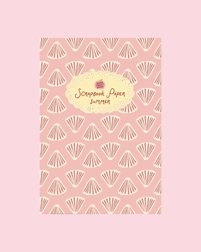 Scrapbook paper sheet with repeating seashell fan pattern in pink and beige