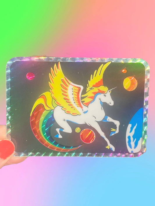 Holographic rectangular pegasus glitter sticker with winged unicorn and rainbow arcs