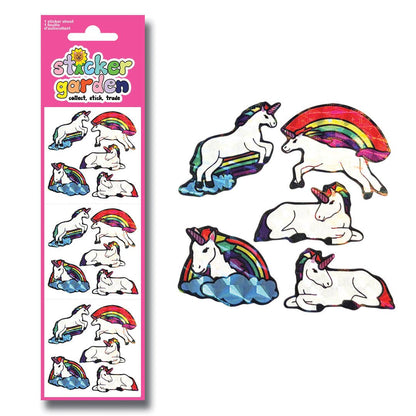 Rainbow unicorn sticker sheet with multiple unicorn and rainbow decals