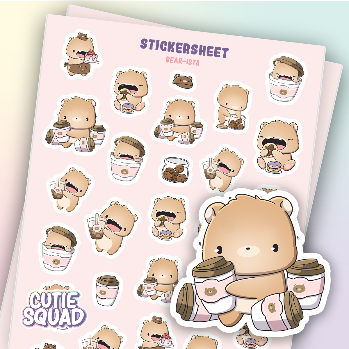Barista bear sticker sheet with cute characters holding coffee cups, "Cute Squad"