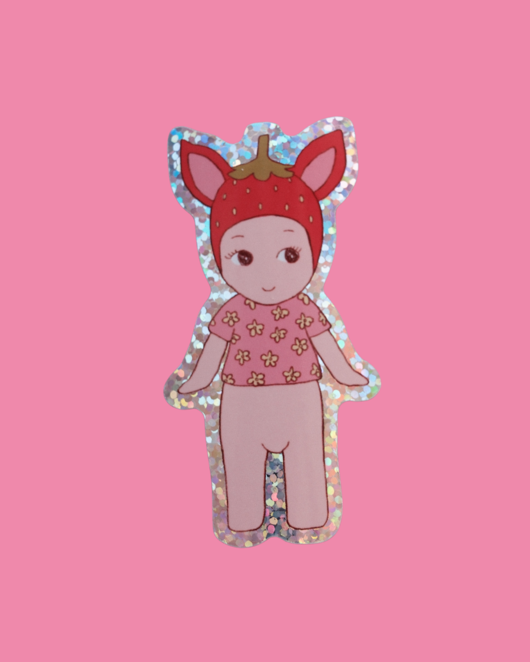 Strawberry baby character sticker with red hat and pink outfit