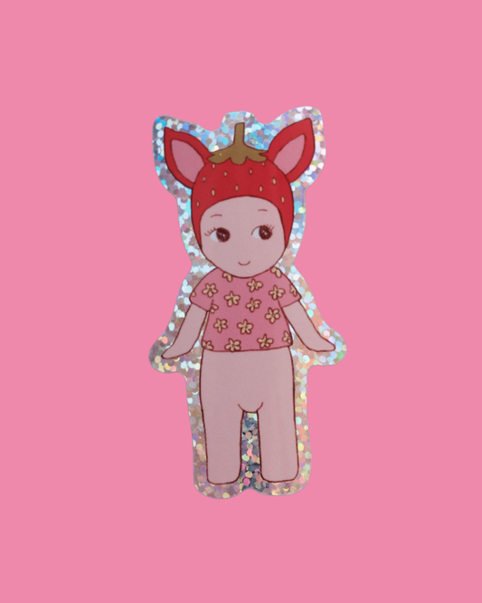 Strawberry baby character sticker with red hat and pink outfit