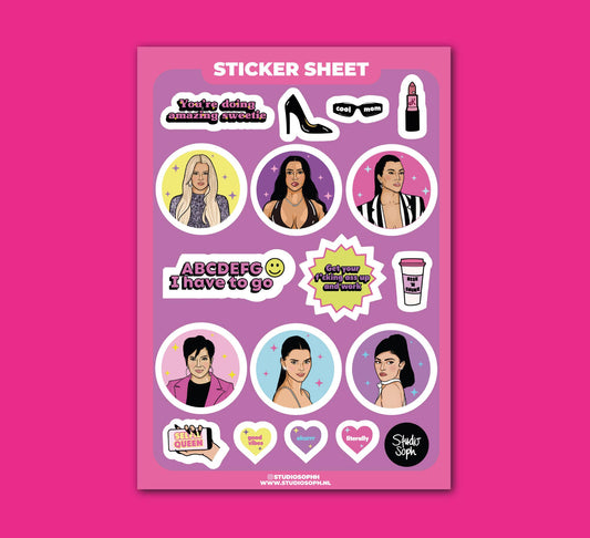 Sticker sheet with portrait circles, badges, hearts, and cup icon
