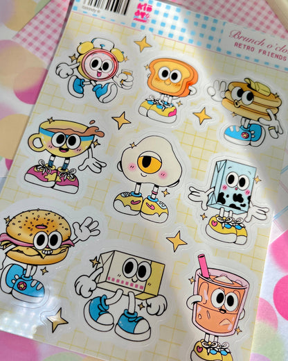 Retro Friends sticker sheet with close-up of cartoon friends in bright outfits