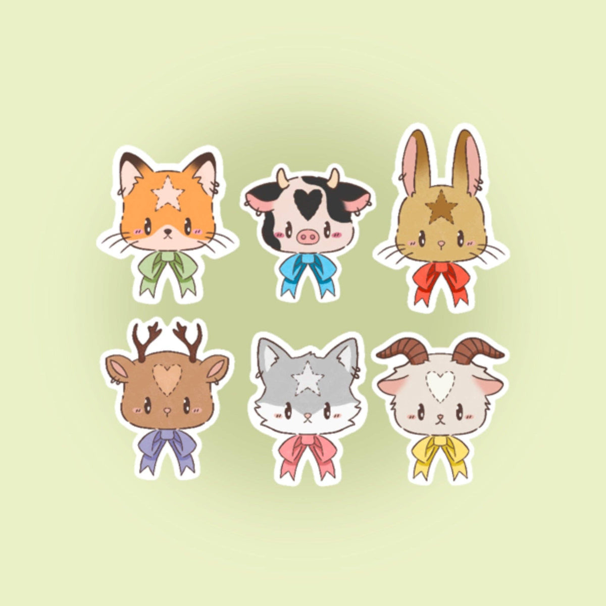 Mystery animal sticker set with cat, cow, and rabbit characters wearing bows
