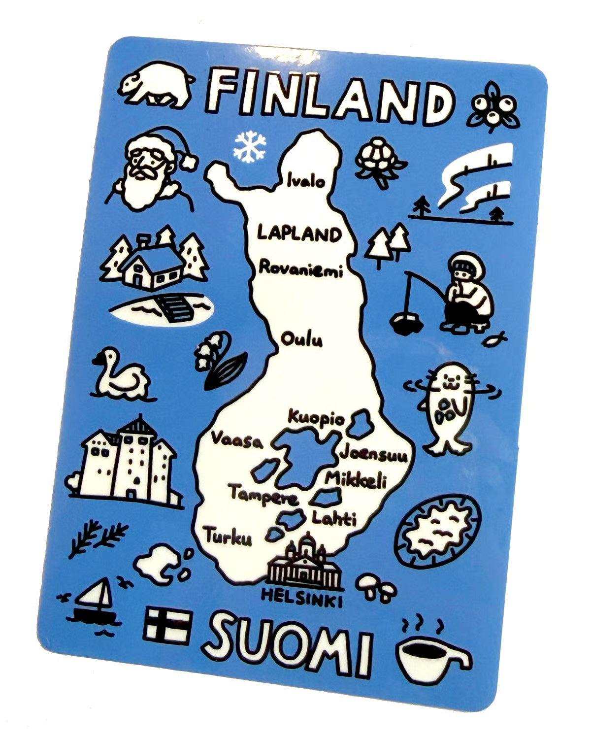 Square Finland vinyl sticker featuring map, winter icons, and “SUOMI” at bottom