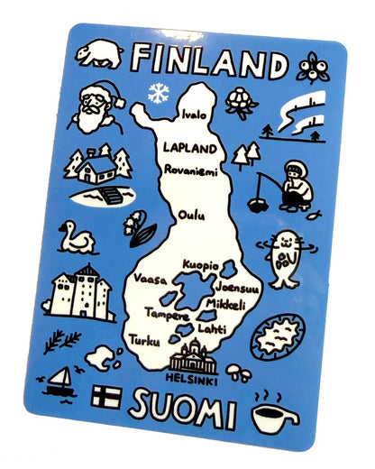 Square Finland vinyl sticker featuring map, winter icons, and “SUOMI” at bottom