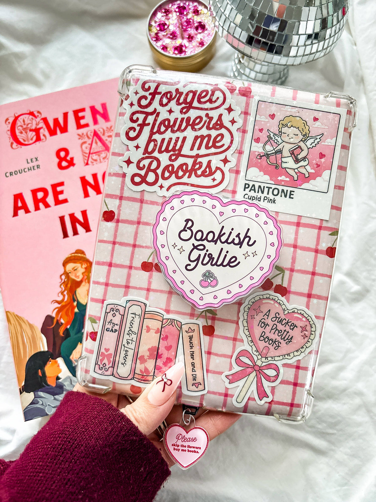 Clear magnetic grip case with pink Bookish Girlie heart and book-themed stickers