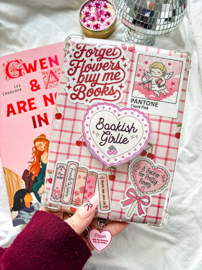 Clear magnetic grip case with pink Bookish Girlie heart and book-themed stickers