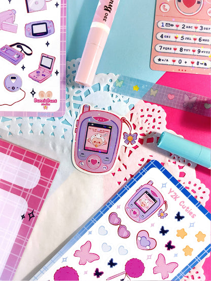 Retro mobile phone holographic sticker with hearts, stars, and window frame