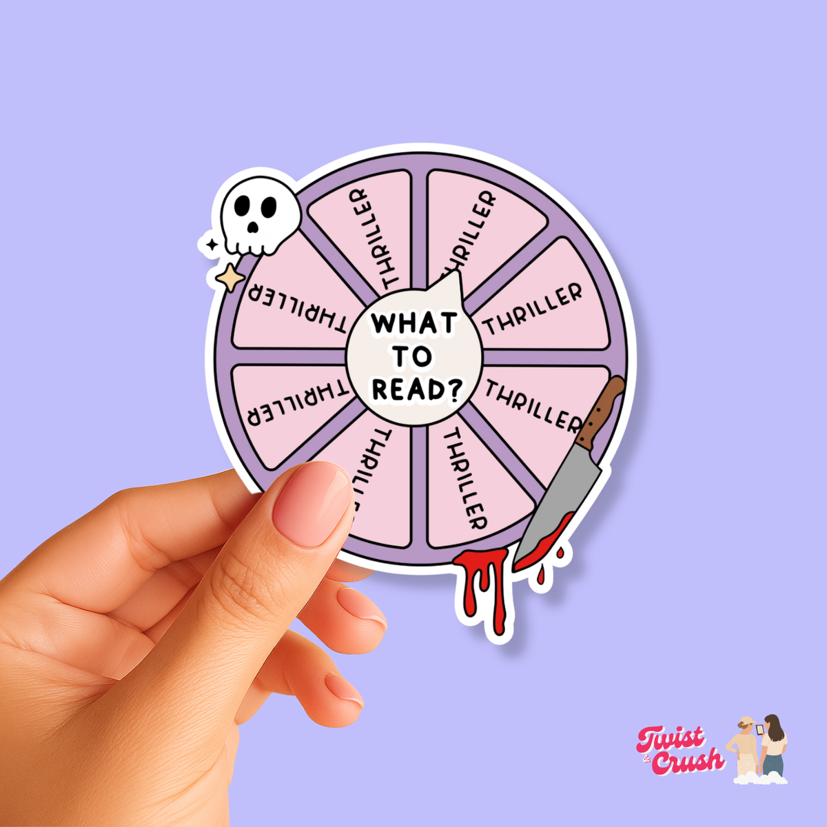 Circular bookish sticker: skull icon and 'What to read? Thriller' text