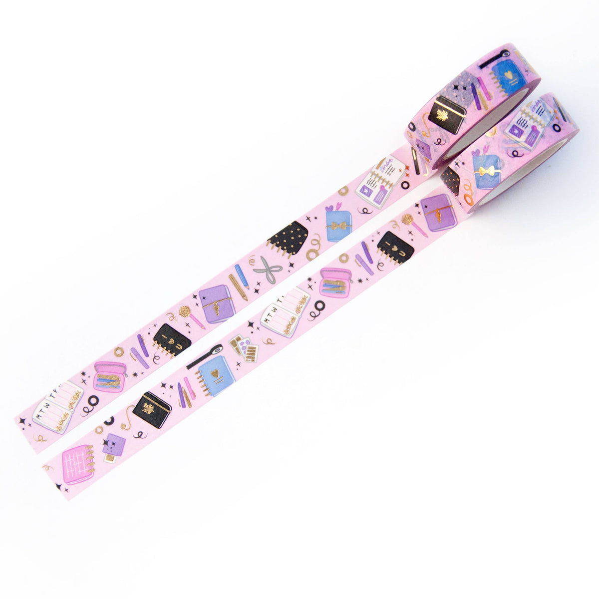 Washi tape with purple background and stationery icon pattern on a ribbon strip