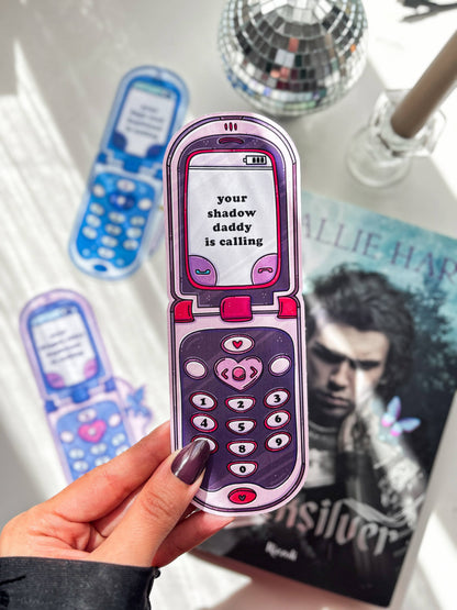 Pink and purple phone-shaped bookmark with message "your shadow daddy is calling".