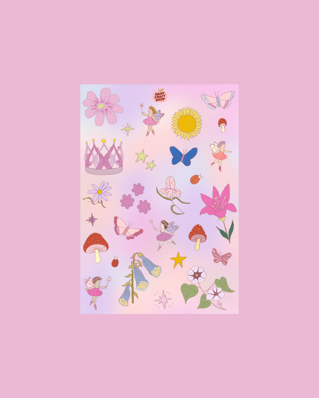 Fairy sticker sheet with flowers, butterflies, fairies, sun, stars, and hearts