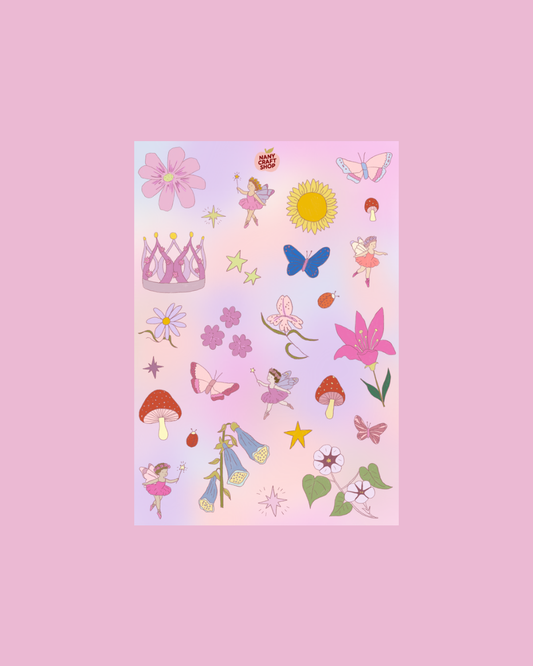 Fairy sticker sheet with flowers, butterflies, fairies, sun, stars, and hearts
