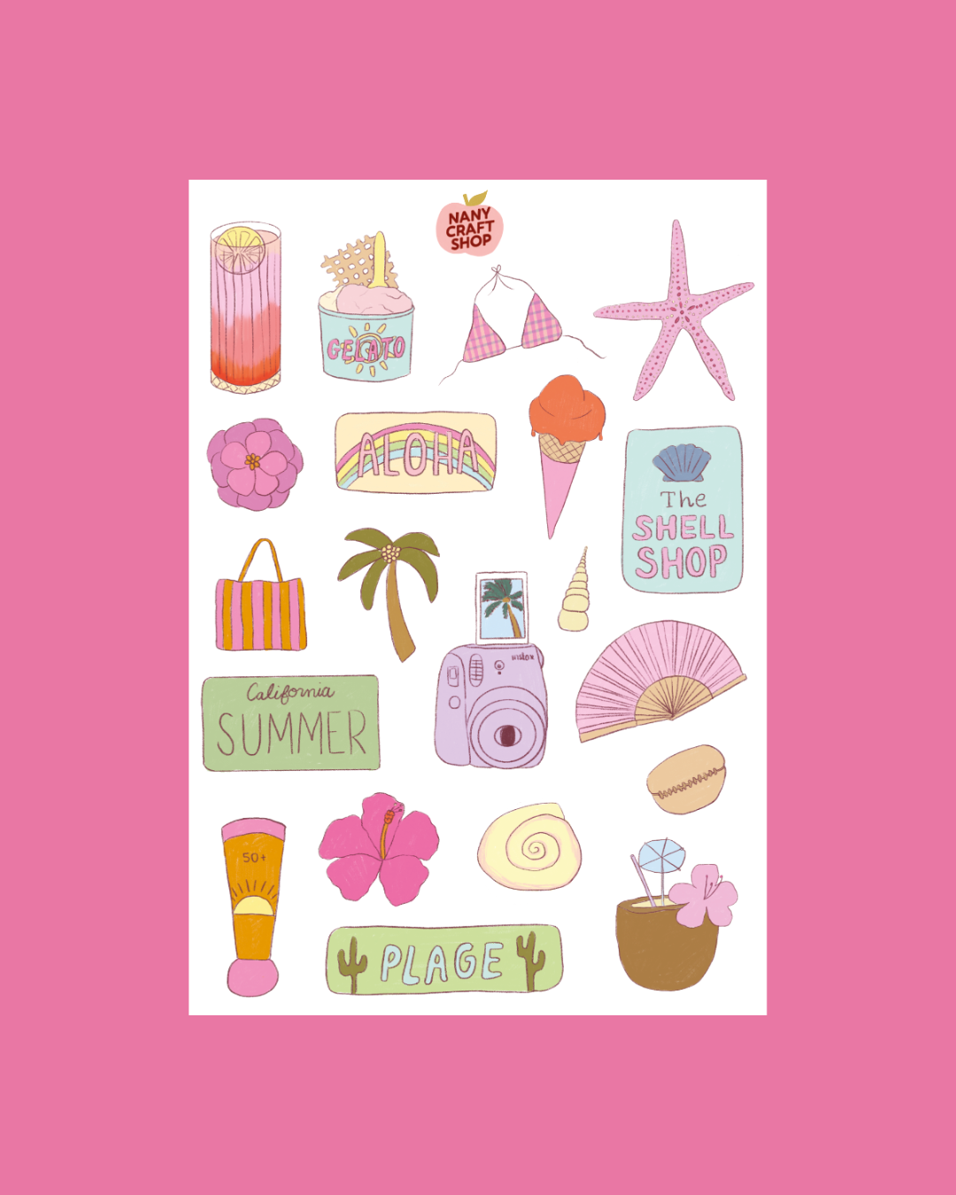 A5 summer sticker sheet with seashell, starfish, ice cream, palm tree, and flowers
