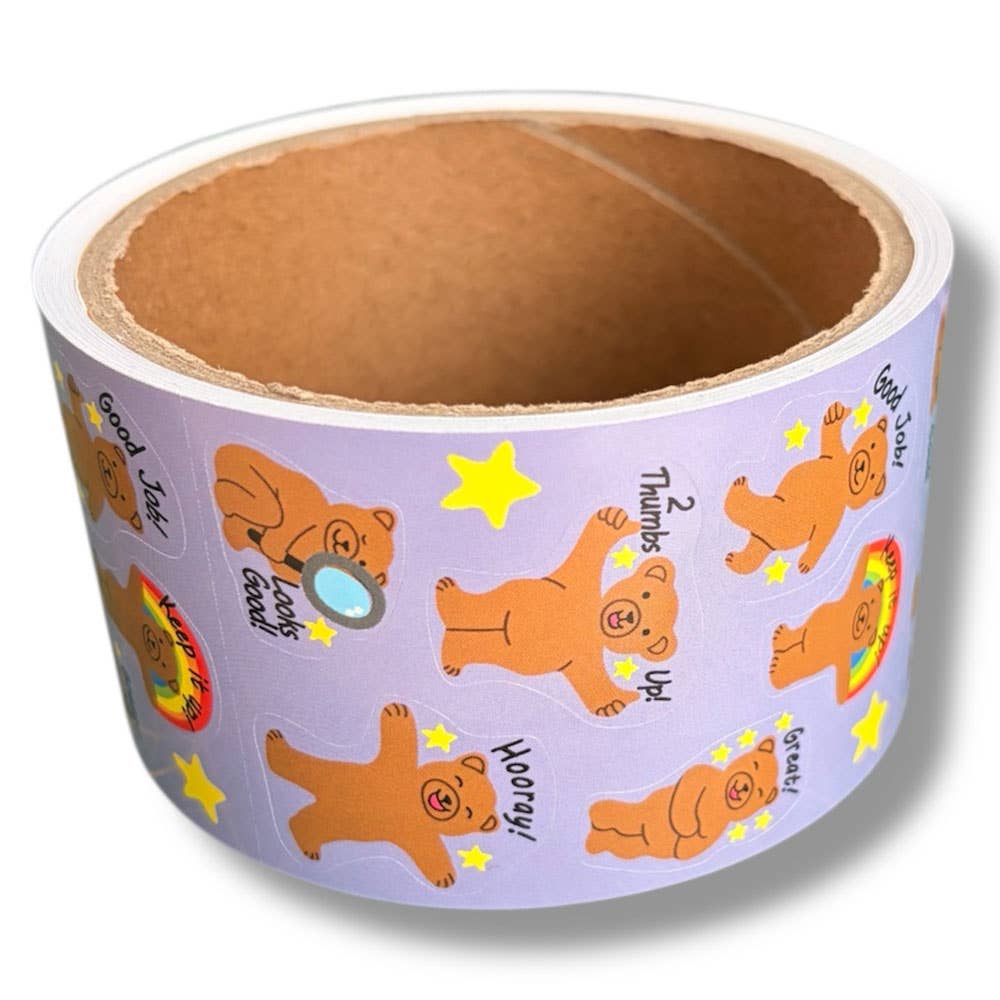 Achievement bears sticker roll on purple backing, orange bear icons and stars